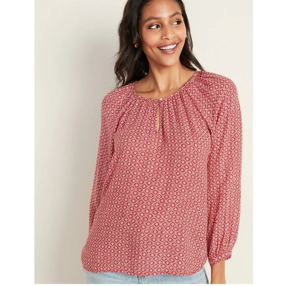 OLD NAVY Womens Printed Keyhole Blouse, Red & White, Size Small - Picture 1 of 1